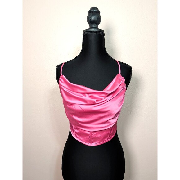 Women's Xsmall Satin Pink Cowl Neck Corset Crop Top Barbiecore Party Y2K - Picture 3 of 12